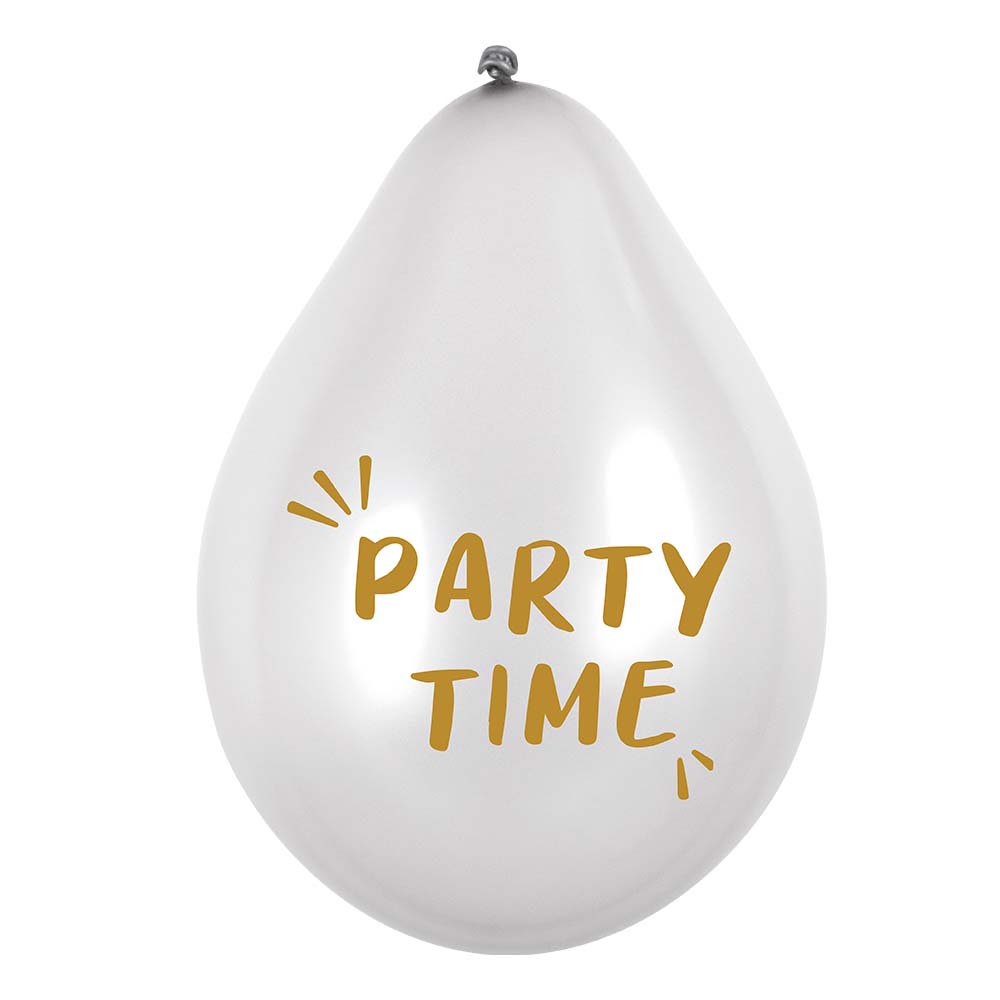 Ballons "Party Time" Dorés, Blancs et Noirs - Lot de 6