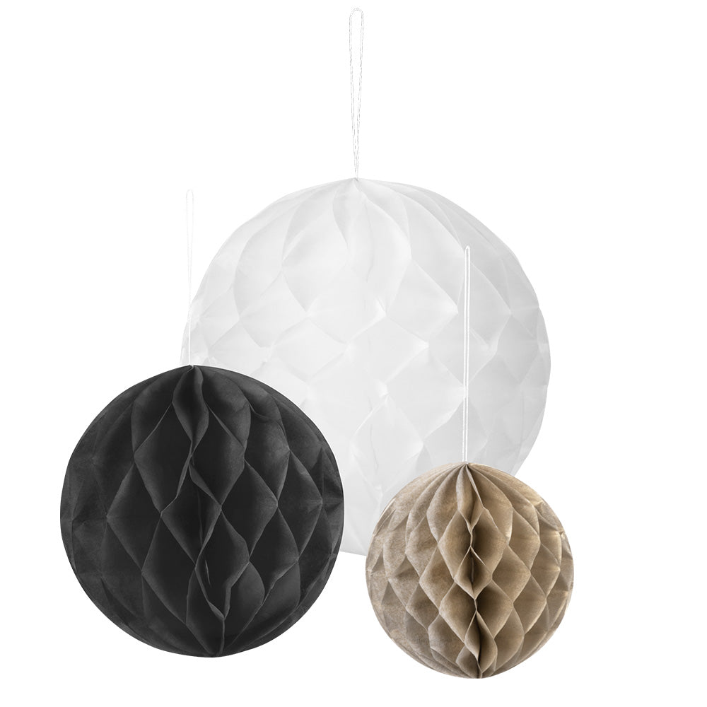 Boules alvéolées décoratives - Blanc, noir et beige