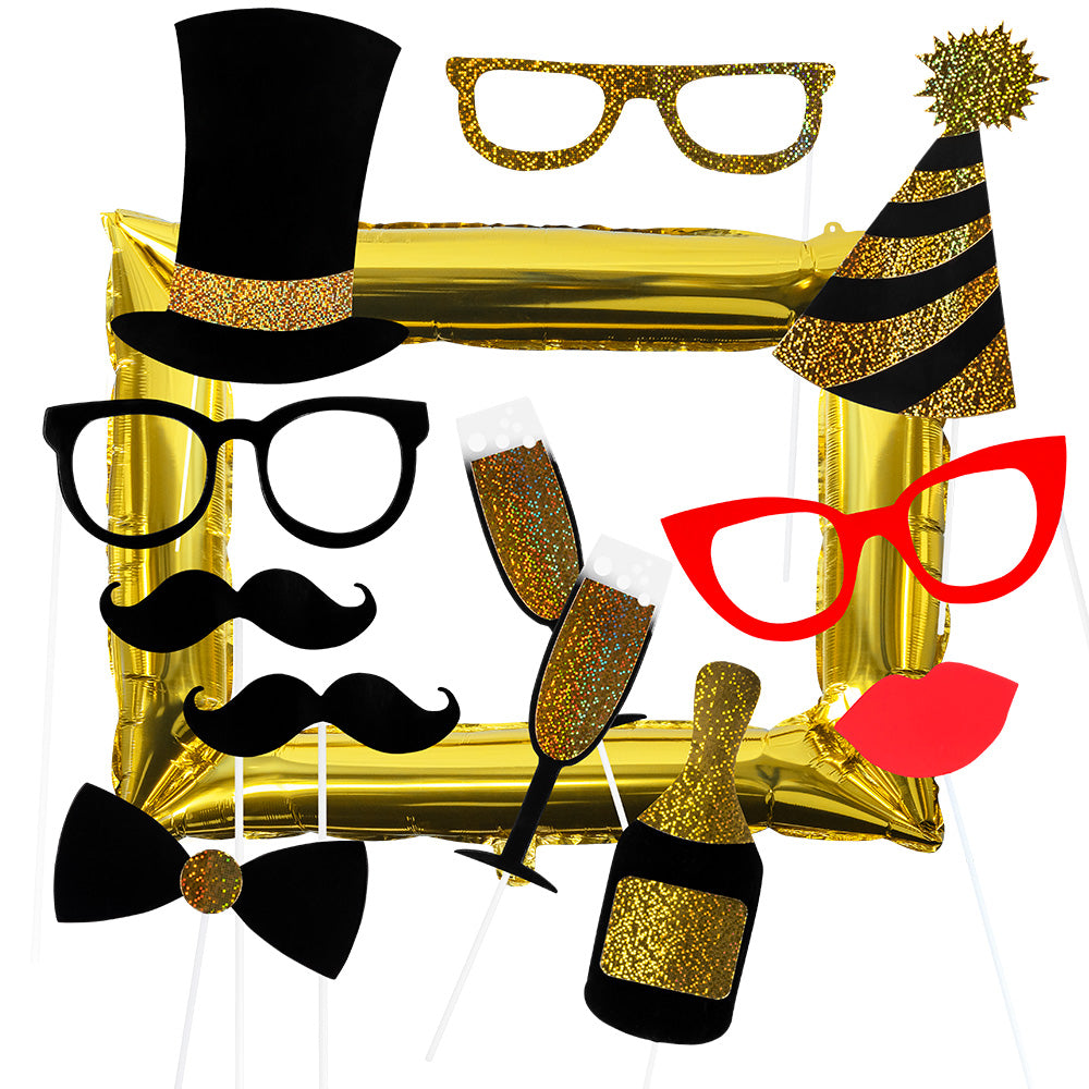 Kit 12 Photo Props + Cadre Doré Party Time - Accessoires de Fête Originaux