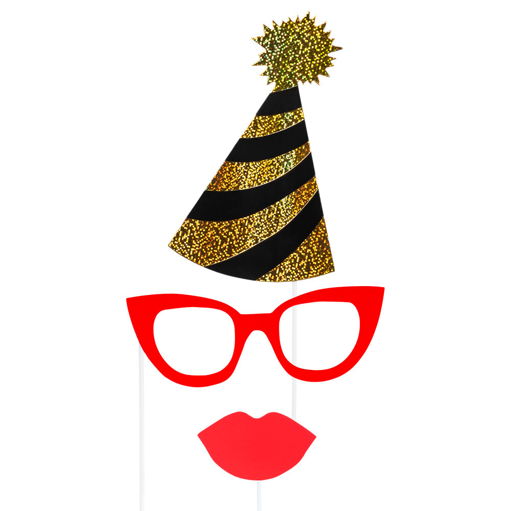 Kit 12 Photo Props + Cadre Doré Party Time - Accessoires de Fête Originaux