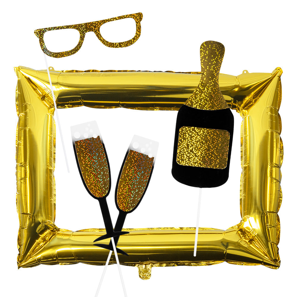 Kit 12 Photo Props + Cadre Doré Party Time - Accessoires de Fête Originaux