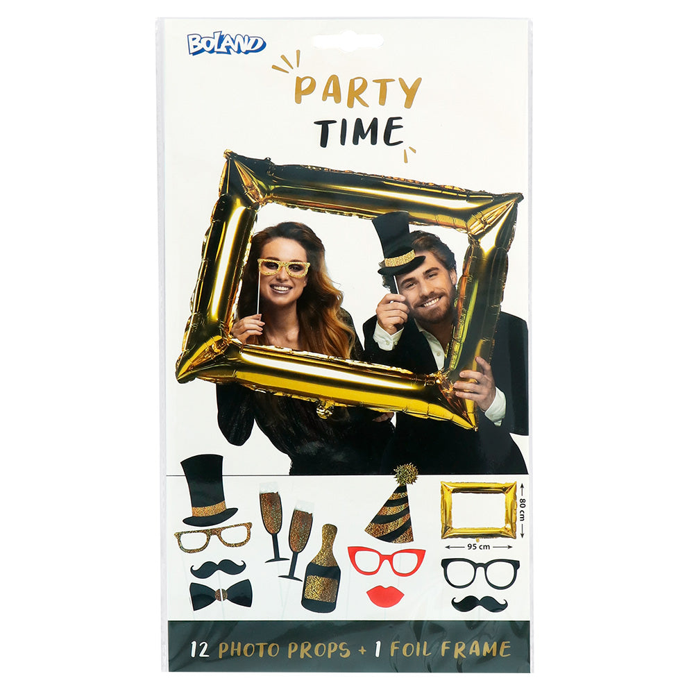 Kit 12 Photo Props + Cadre Doré Party Time - Accessoires de Fête Originaux