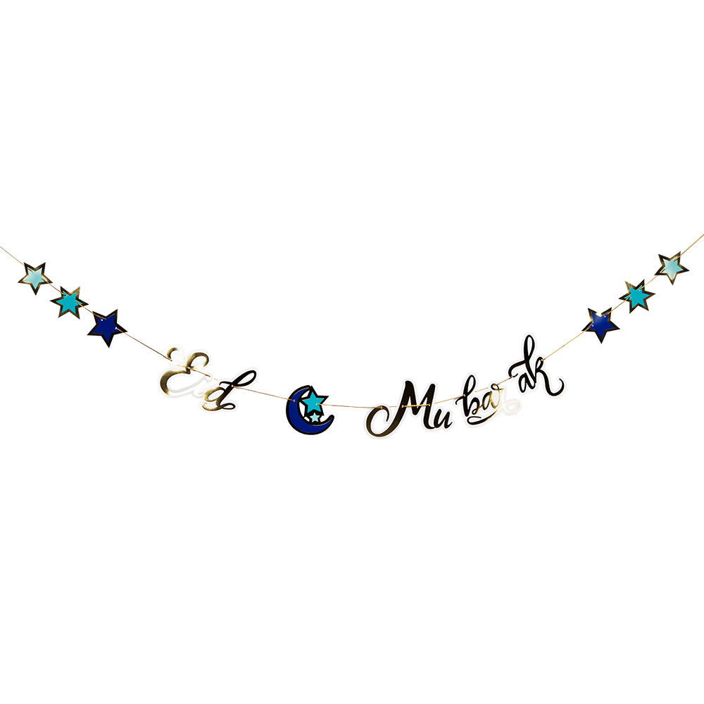 Guirlande Eid Mubarak étoiles et lune bleue dorée