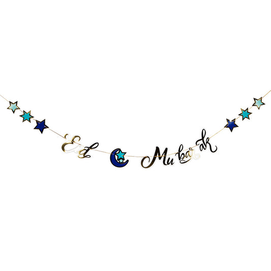 Guirlande Eid Mubarak étoiles et lune bleue dorée