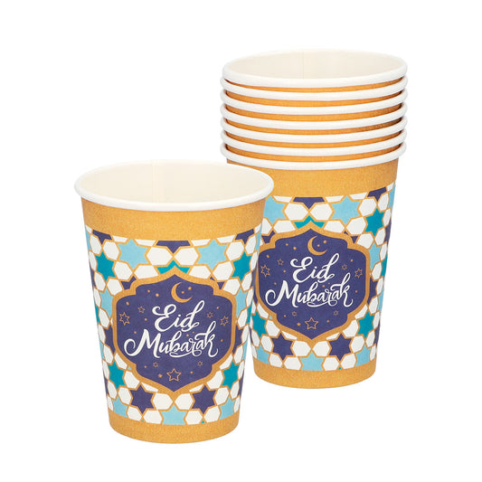 Gobelets Eid Mubarak Bleus & Or - 8 Verres Jetables Fête