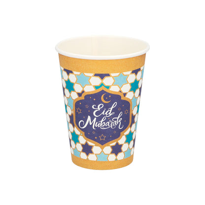 Gobelets Eid Mubarak Bleus & Or - 8 Verres Jetables Fête