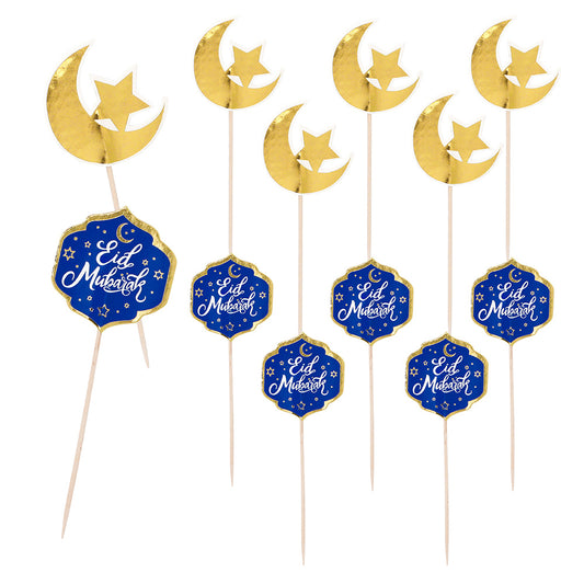 Cake Topper Eid Mubarak Lune Étoile Or Bleu - 6 pièces
