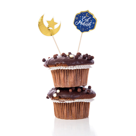 Cake Topper Eid Mubarak Lune Étoile Or Bleu - 6 pièces