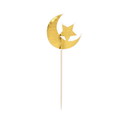 Cake Topper Eid Mubarak Lune Étoile Or Bleu - 6 pièces