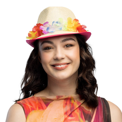 Chapeau Paille Fleurs Colorées LED - Accessoire Fête Néon