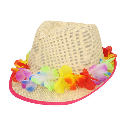 Chapeau Paille Fleurs Colorées LED - Accessoire Fête Néon