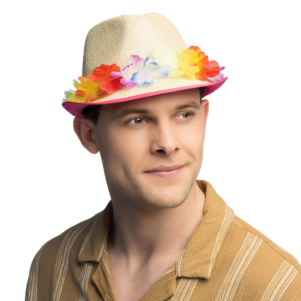 Chapeau Paille Fleurs Colorées LED - Accessoire Fête Néon
