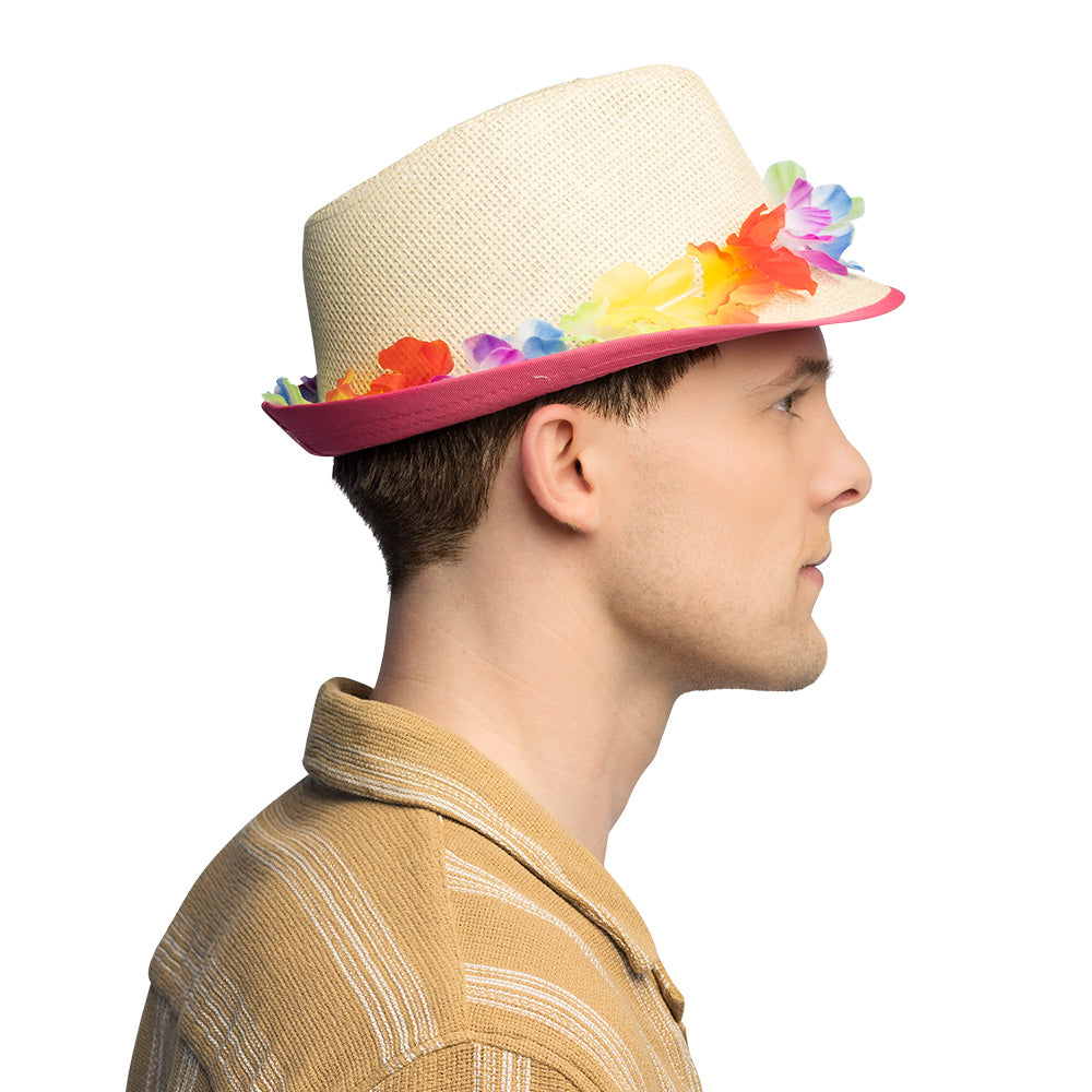 Chapeau Paille Fleurs Colorées LED - Accessoire Fête Néon