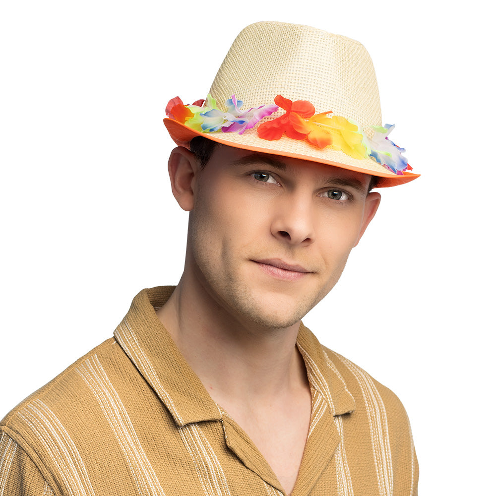 Chapeau Paille Fleurs Colorées LED - Accessoire Fête Néon