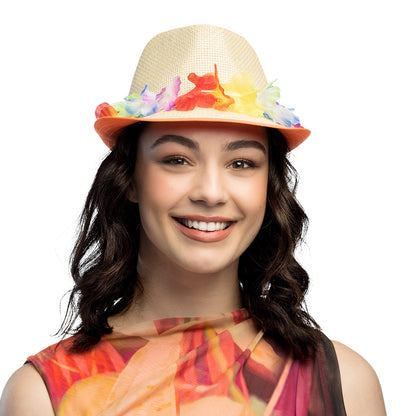 Chapeau Paille Fleurs Colorées LED - Accessoire Fête Néon