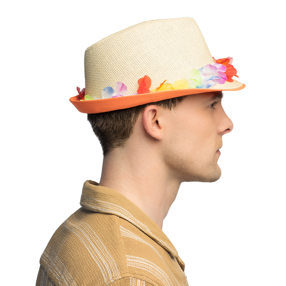 Chapeau Paille Fleurs Colorées LED - Accessoire Fête Néon