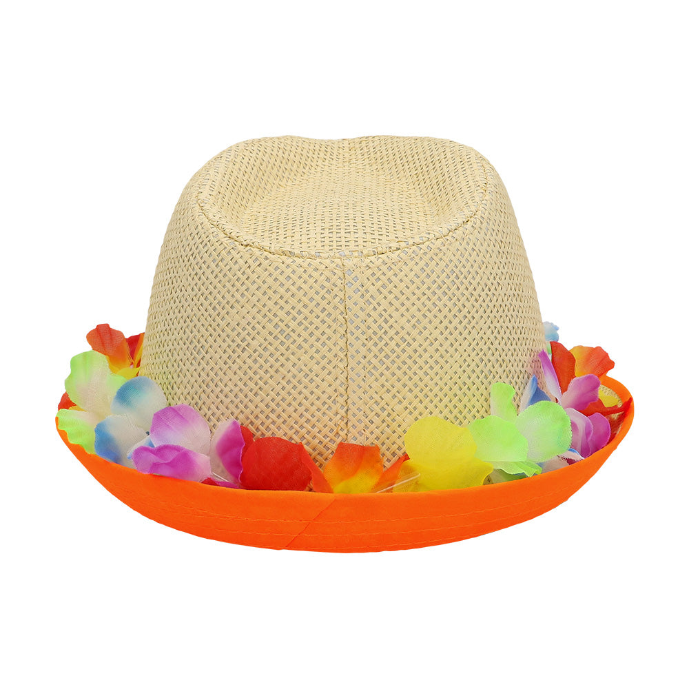 Chapeau Paille Fleurs Colorées LED - Accessoire Fête Néon