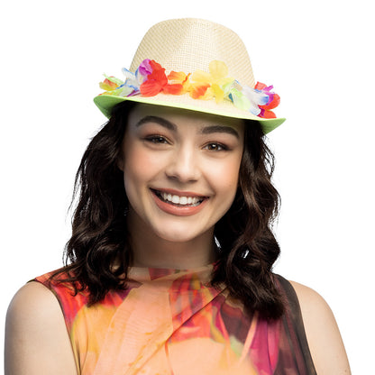 Chapeau Paille Fleurs Colorées LED - Accessoire Fête Néon