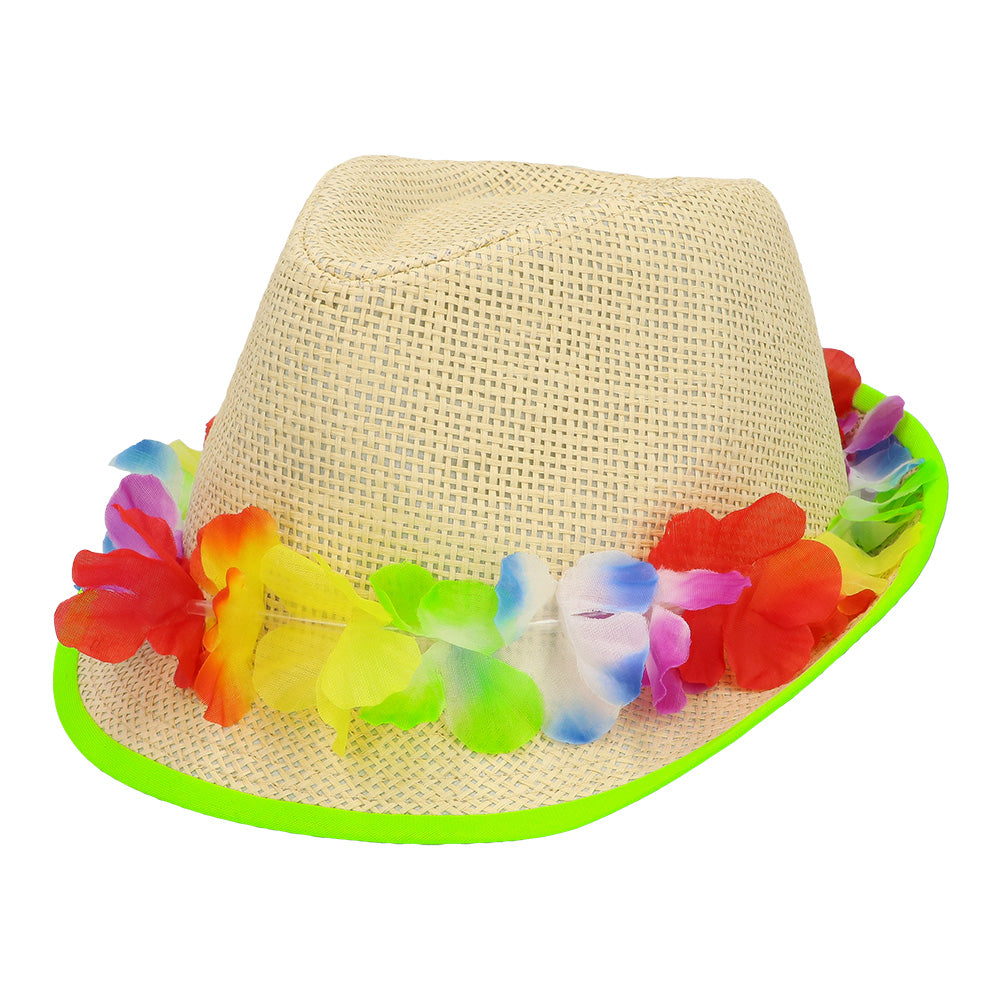Chapeau Paille Fleurs Colorées LED - Accessoire Fête Néon