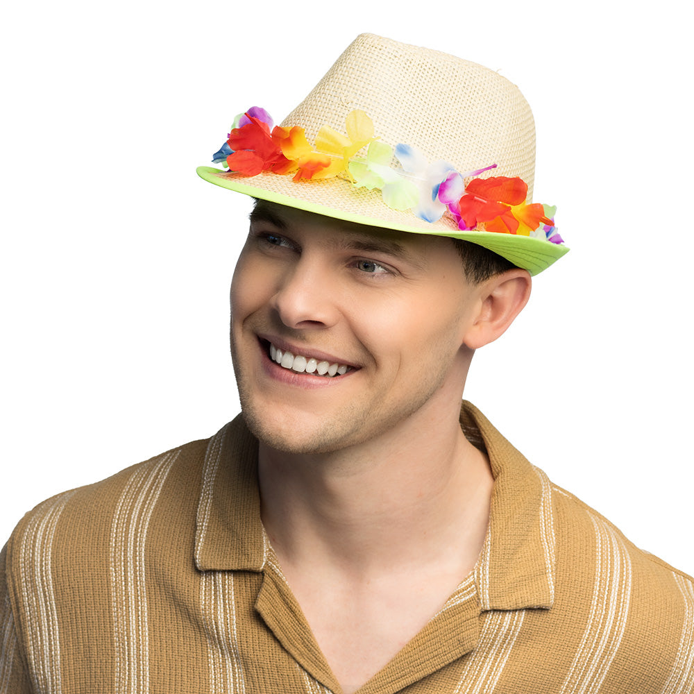 Chapeau Paille Fleurs Colorées LED - Accessoire Fête Néon