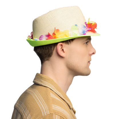 Chapeau Paille Fleurs Colorées LED - Accessoire Fête Néon