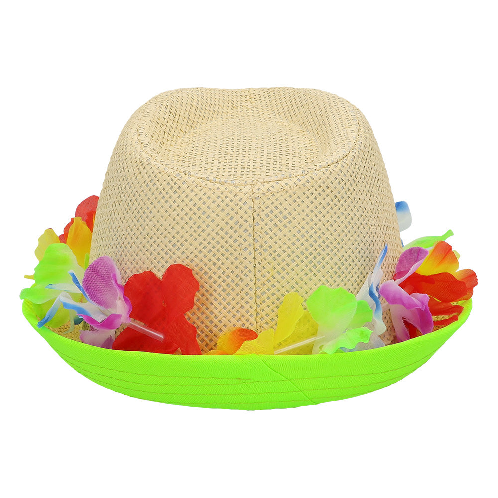 Chapeau Paille Fleurs Colorées LED - Accessoire Fête Néon