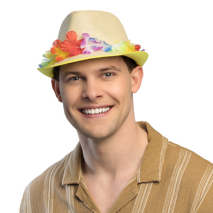 Chapeau Paille Fleurs Colorées LED - Accessoire Fête Néon