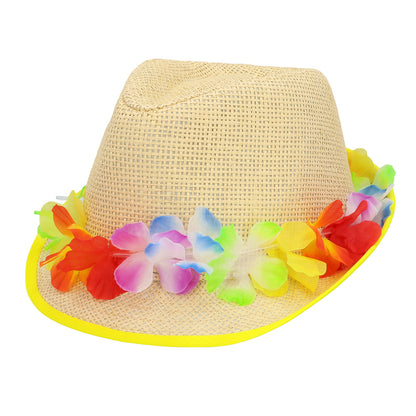 Chapeau Paille Fleurs Colorées LED - Accessoire Fête Néon