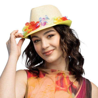 Chapeau Paille Fleurs Colorées LED - Accessoire Fête Néon