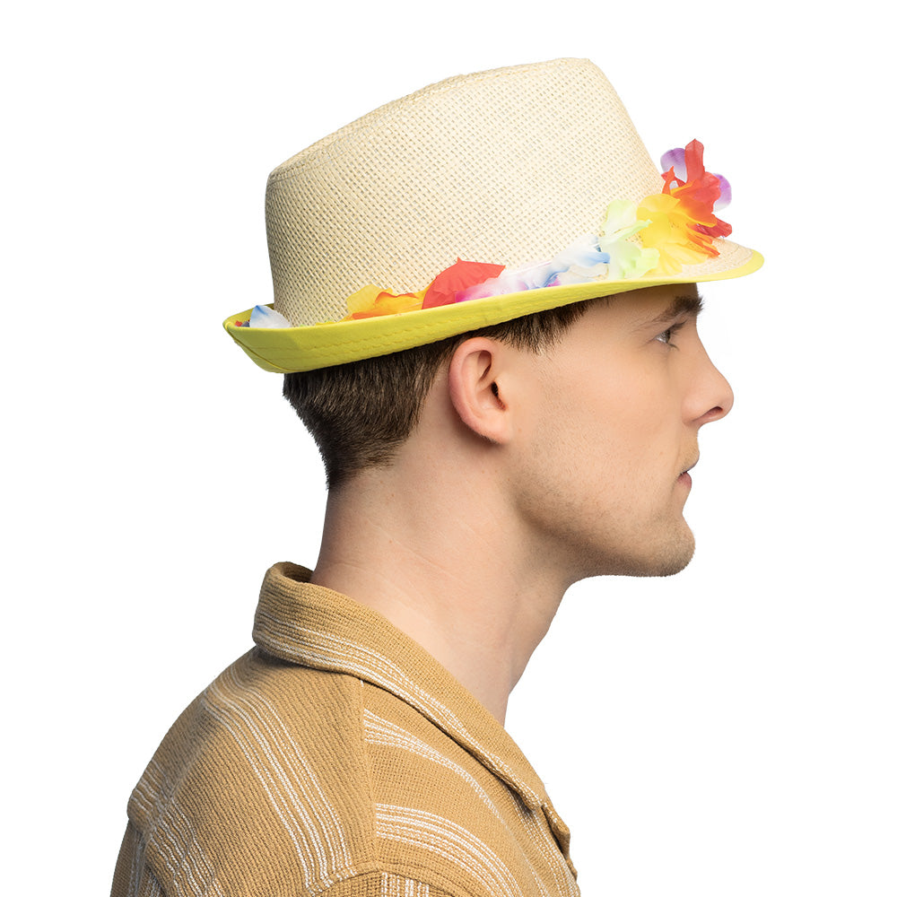 Chapeau Paille Fleurs Colorées LED - Accessoire Fête Néon