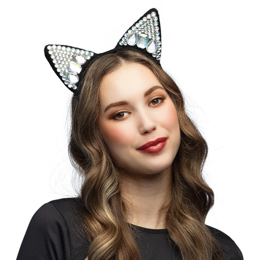 Serre-tête Chat Noir Strass Cristal - Accessoire Fête