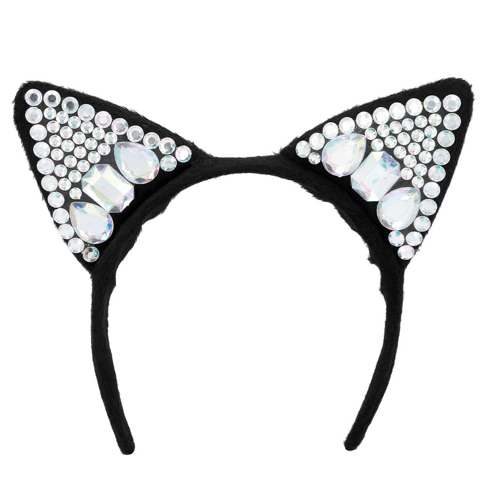 Serre-tête Chat Noir Strass Cristal - Accessoire Fête