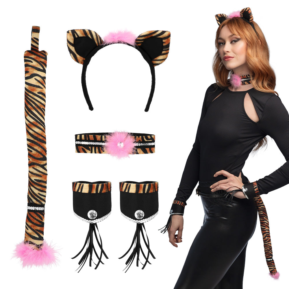 Kit Complet Félin Tigré Rose - Bandeau Oreilles, Ceinture, Queue, Bracelets