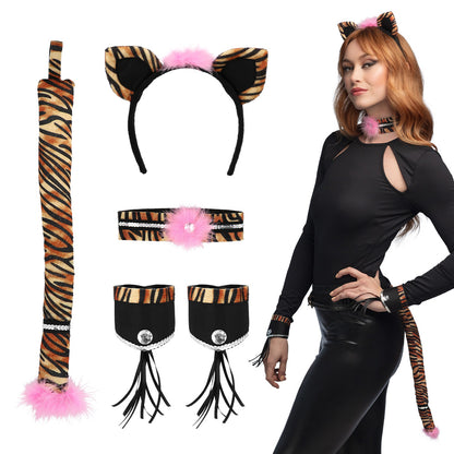 Kit Complet Félin Tigré Rose - Bandeau Oreilles, Ceinture, Queue, Bracelets