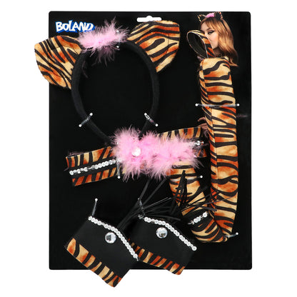 Kit Complet Félin Tigré Rose - Bandeau Oreilles, Ceinture, Queue, Bracelets