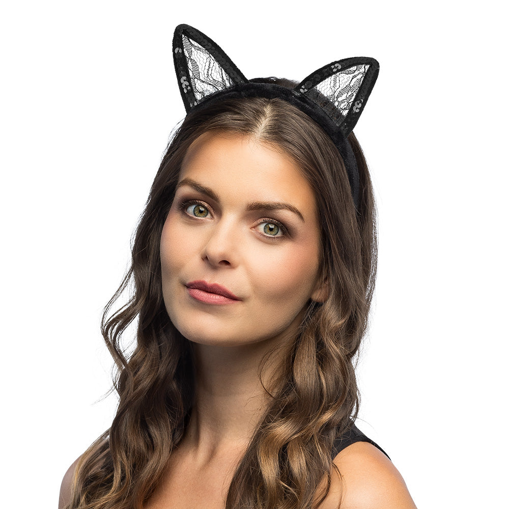 Serre-tête Oreilles de Chat Noir Dentelle - Accessoire Félin