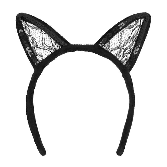 Serre-tête Oreilles de Chat Noir Dentelle - Accessoire Félin