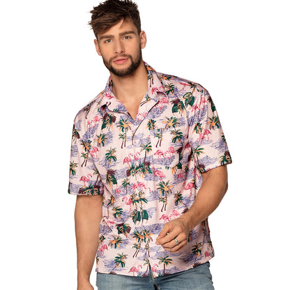 Chemise Hawaïenne Flamants Rose Palmiers - Costume Tropical Homme