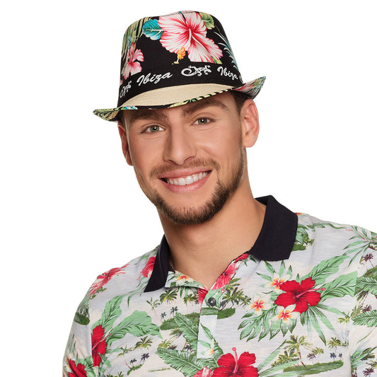 Chapeau Paille Tropical Ibiza Fleurs Rose - Accessoire Party