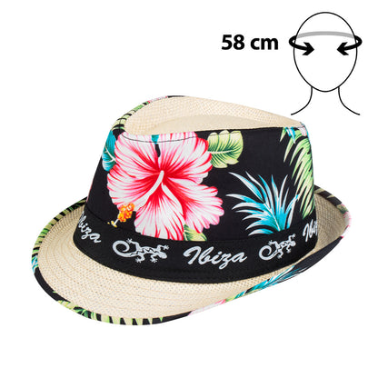 Chapeau Paille Tropical Ibiza Fleurs Rose - Accessoire Party