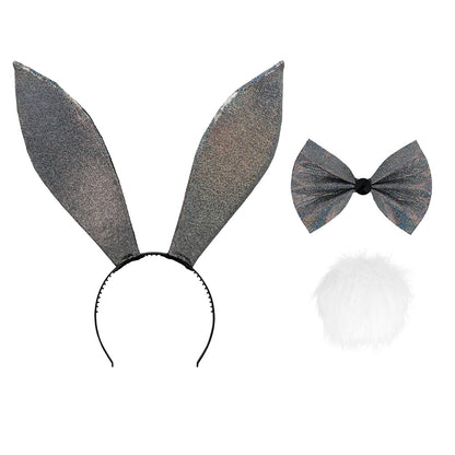 Kit Oreilles de Lapin Paillettes - Serre-tête + Nœud + Pompon