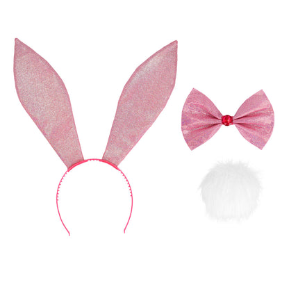 Kit Oreilles de Lapin Paillettes - Serre-tête + Nœud + Pompon