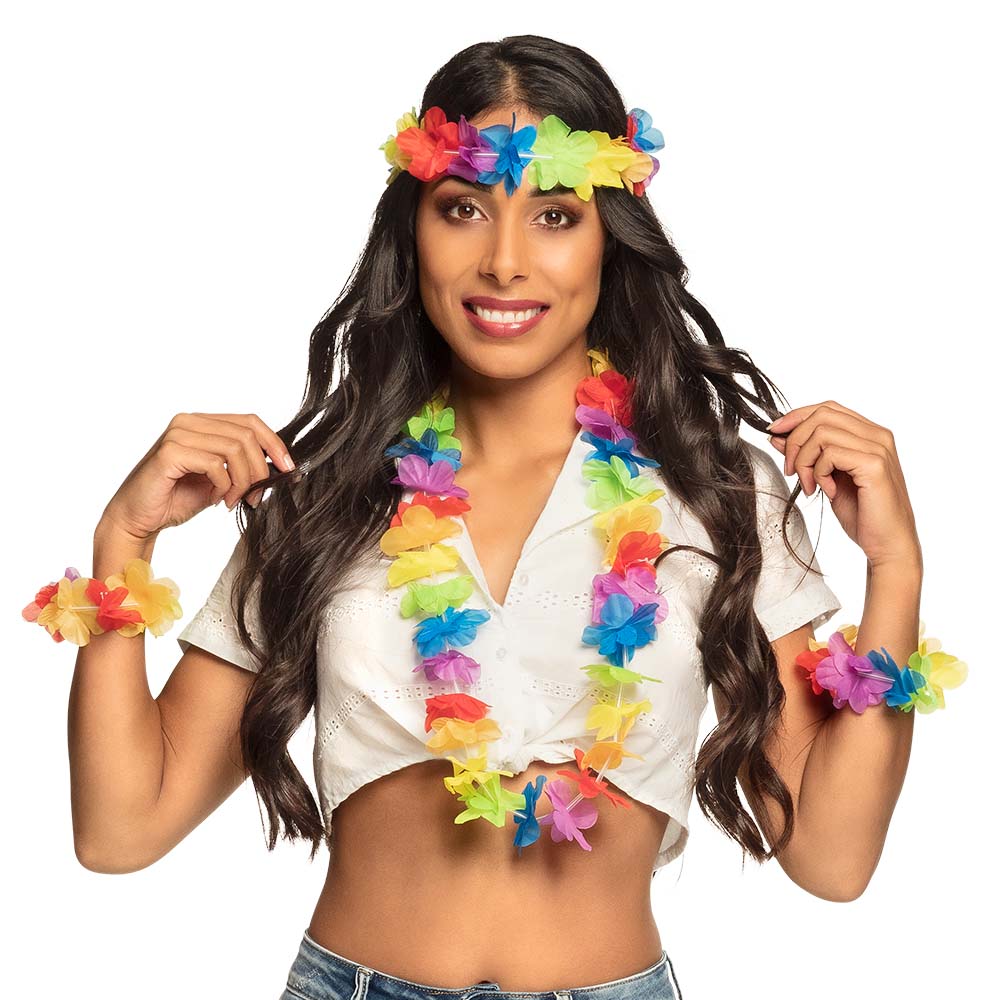Ensemble Hawaï Fleurs Colorées - Couronne + Colliers + Bracelets