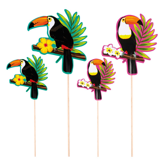 Décoration Gâteau Tropical - 4 Pics Toucans Colorés