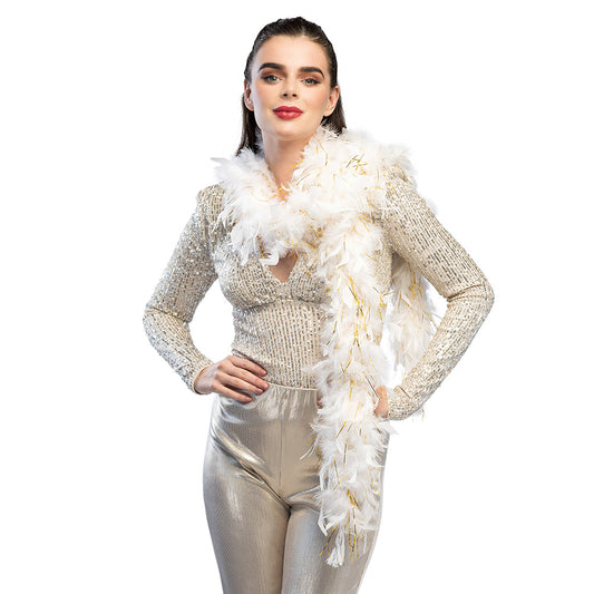 Boa en Plumes Blanc et Or - Accessoire Cabaret Glamour