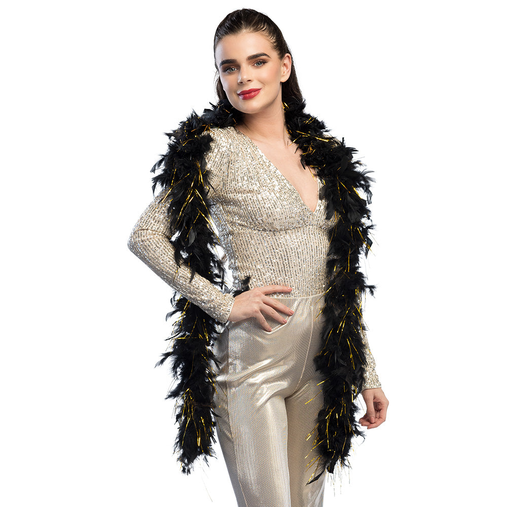 Boa en Plumes Noir et Or - Accessoire Cabaret Années 20