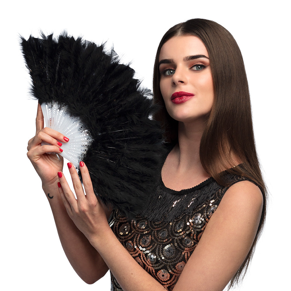 Éventail Plumes Noires Luxe - Accessoire Cabaret & Soirée