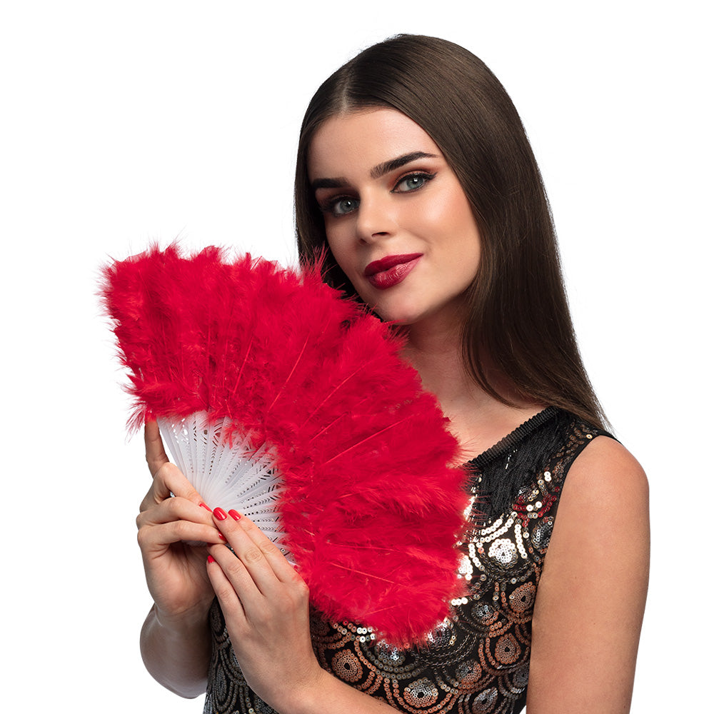 Éventail à plumes rouge luxe - Accessoire cabaret rétro
