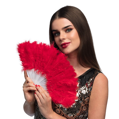 Éventail à plumes rouge luxe - Accessoire cabaret rétro