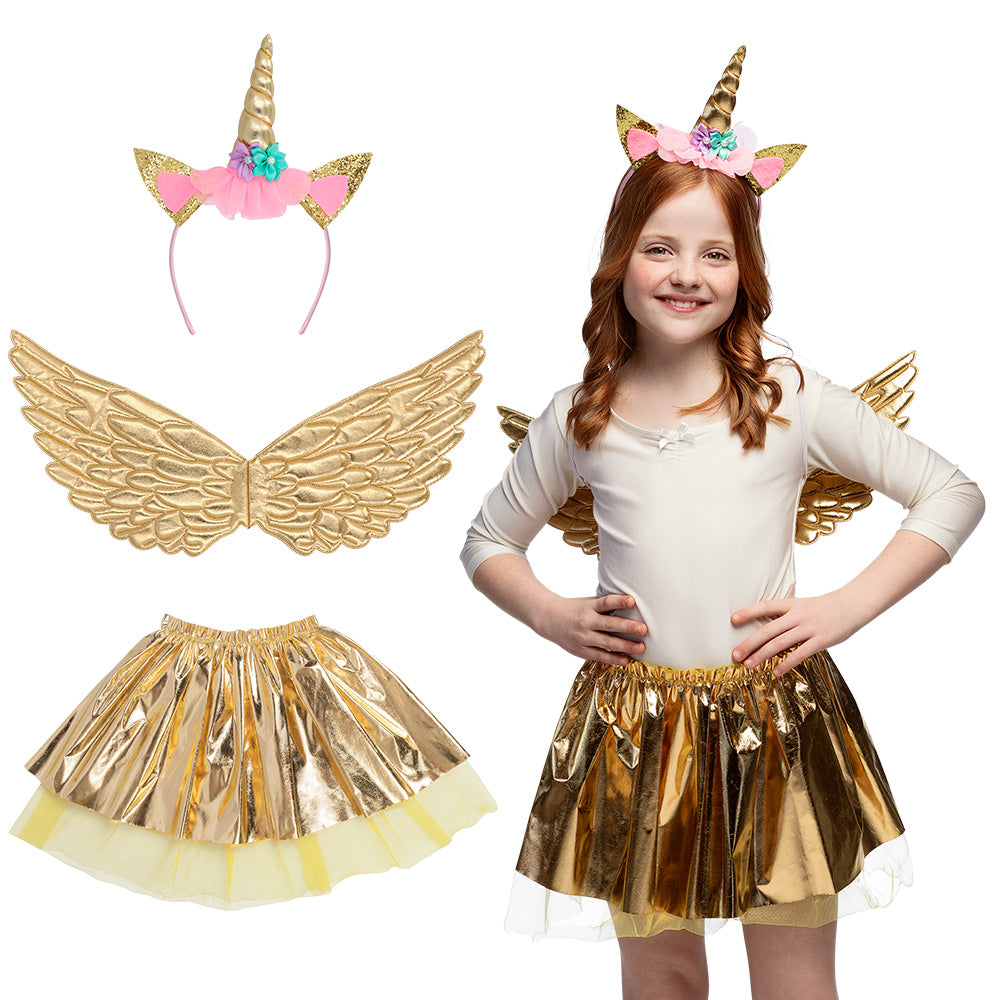 Déguisement Licorne Enfant Ailes Dorées Headband Rose